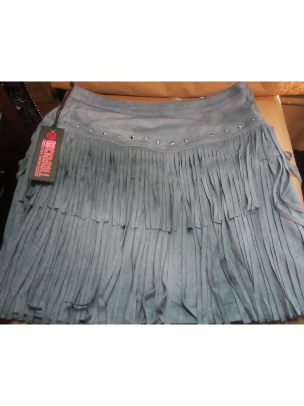 Rock and Roll Denim Women's Fringe Studded Faux Suede Mini Skirt Medium NWT - Picture 3 of 8